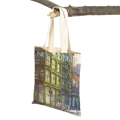 The New Yorker City Magazine Genți de cumpărături pentru femei, cu imprimeu dublu, ocazional, geantă nordică pentru cumpărături, geantă din pânză pentru femei, geantă de mână cu flori din frunze ecologice