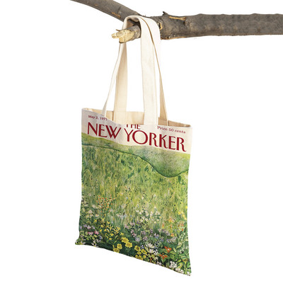 The New Yorker City Magazine Genți de cumpărături pentru femei, cu imprimeu dublu, ocazional, geantă nordică pentru cumpărături, geantă din pânză pentru femei, geantă de mână cu flori din frunze ecologice