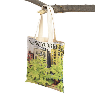 The New Yorker City Magazine Genți de cumpărături pentru femei, cu imprimeu dublu, ocazional, geantă nordică pentru cumpărături, geantă din pânză pentru femei, geantă de mână cu flori din frunze ecologice