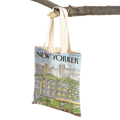 The New Yorker City Magazine Genți de cumpărături pentru femei, cu imprimeu dublu, ocazional, geantă nordică pentru cumpărături, geantă din pânză pentru femei, geantă de mână cu flori din frunze ecologice