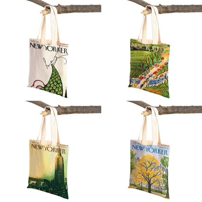 The New Yorker City Magazine Genți de cumpărături pentru femei, cu imprimeu dublu, ocazional, geantă nordică pentru cumpărături, geantă din pânză pentru femei, geantă de mână cu flori din frunze ecologice