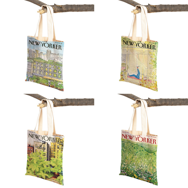 The New Yorker City Magazine Genți de cumpărături pentru femei, cu imprimeu dublu, ocazional, geantă nordică pentru cumpărături, geantă din pânză pentru femei, geantă de mână cu flori din frunze ecologice