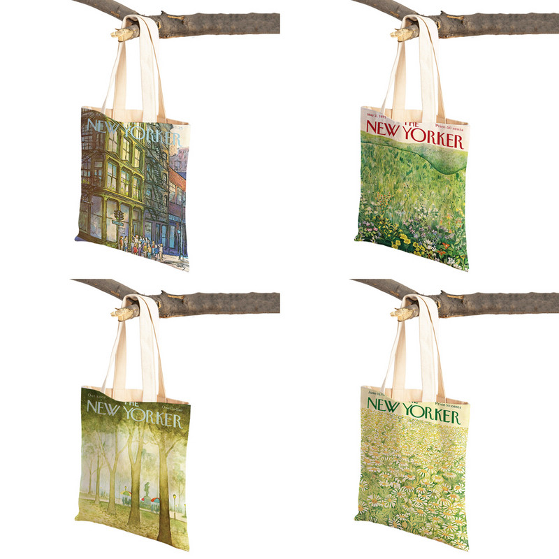 The New Yorker City Magazine Genți de cumpărături pentru femei, cu imprimeu dublu, ocazional, geantă nordică pentru cumpărături, geantă din pânză pentru femei, geantă de mână cu flori din frunze ecologice