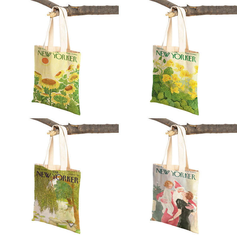The New Yorker City Magazine Genți de cumpărături pentru femei, cu imprimeu dublu, ocazional, geantă nordică pentru cumpărături, geantă din pânză pentru femei, geantă de mână cu flori din frunze ecologice