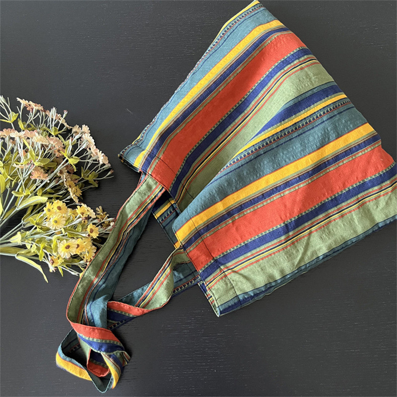 Retro naiste lõuendist õlakott Vikerkaare triibuline linane ostukott Eco suure mahutavusega käekott Tüdrukutele jõulukingitused