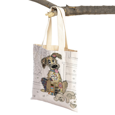 Hétköznapi rajzfilm, állatművészet, női bevásárló válltáska majom elefánt macska kutya vászon Összehajtható, újrafelhasználható szövetből készült női kézitáska