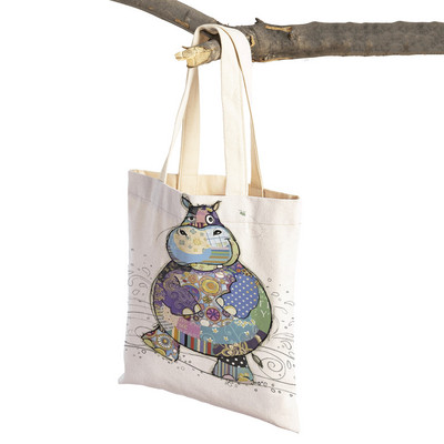 Hétköznapi rajzfilm, állatművészet, női bevásárló válltáska majom elefánt macska kutya vászon Összehajtható, újrafelhasználható szövetből készült női kézitáska