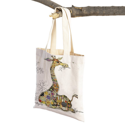 Hétköznapi rajzfilm, állatművészet, női bevásárló válltáska majom elefánt macska kutya vászon Összehajtható, újrafelhasználható szövetből készült női kézitáska