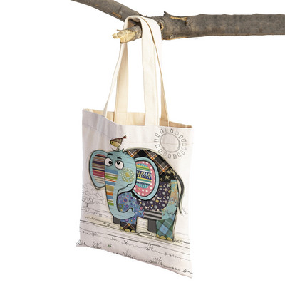 Hétköznapi rajzfilm, állatművészet, női bevásárló válltáska majom elefánt macska kutya vászon Összehajtható, újrafelhasználható szövetből készült női kézitáska