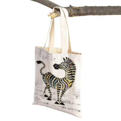 Hétköznapi rajzfilm, állatművészet, női bevásárló válltáska majom elefánt macska kutya vászon Összehajtható, újrafelhasználható szövetből készült női kézitáska