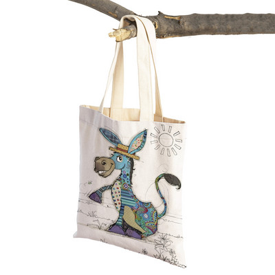 Hétköznapi rajzfilm, állatművészet, női bevásárló válltáska majom elefánt macska kutya vászon Összehajtható, újrafelhasználható szövetből készült női kézitáska