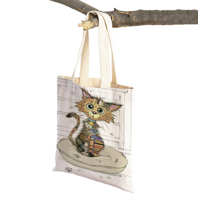 Hétköznapi rajzfilm, állatművészet, női bevásárló válltáska majom elefánt macska kutya vászon Összehajtható, újrafelhasználható szövetből készült női kézitáska