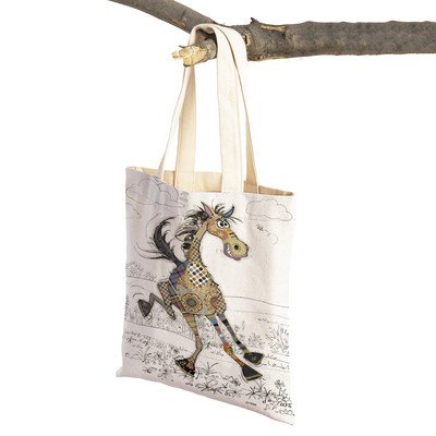 Hétköznapi rajzfilm, állatművészet, női bevásárló válltáska majom elefánt macska kutya vászon Összehajtható, újrafelhasználható szövetből készült női kézitáska