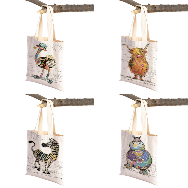 Hétköznapi rajzfilm, állatművészet, női bevásárló válltáska majom elefánt macska kutya vászon Összehajtható, újrafelhasználható szövetből készült női kézitáska