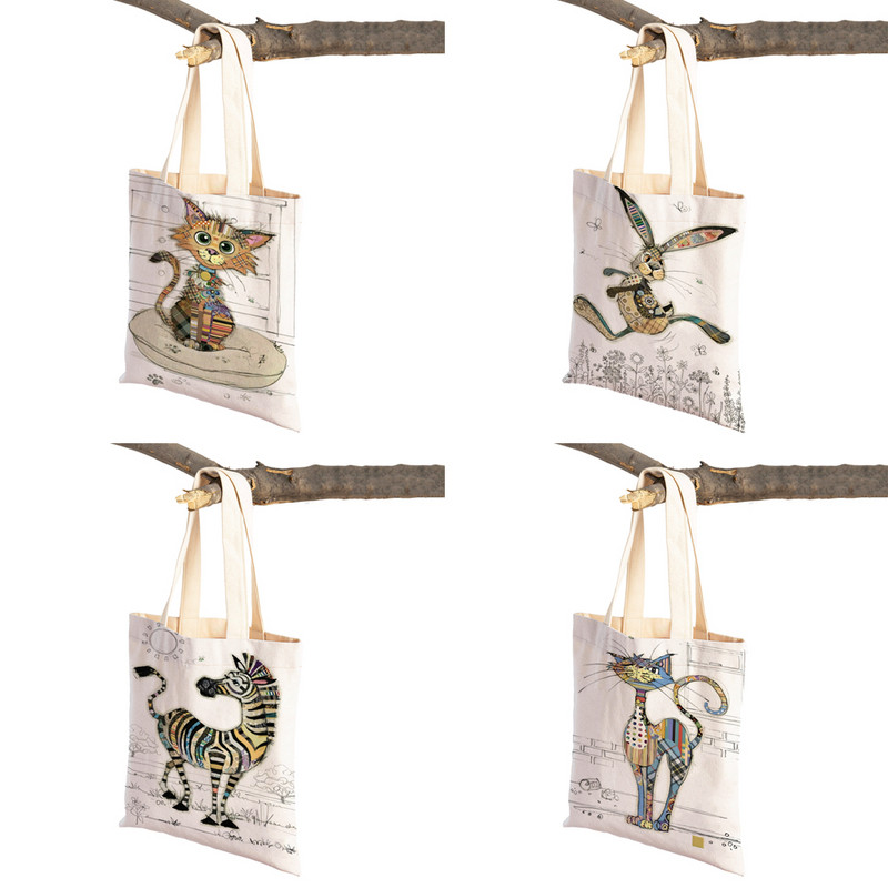 Hétköznapi rajzfilm, állatművészet, női bevásárló válltáska majom elefánt macska kutya vászon Összehajtható, újrafelhasználható szövetből készült női kézitáska