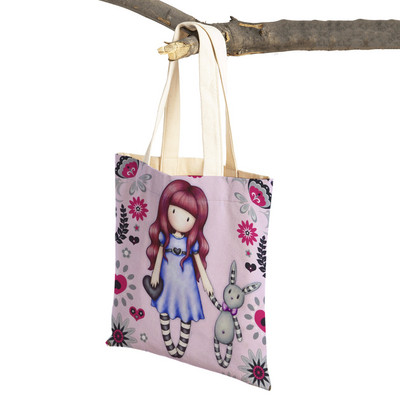 Παιδική τσάντα αγορών κινουμένων σχεδίων για κυρία και στις δύο όψεις Πτυσσόμενη επαναχρησιμοποιήσιμη καμβάς Casual Cute Girl Tote Γυναικεία φορητή τσάντα ταξιδιού