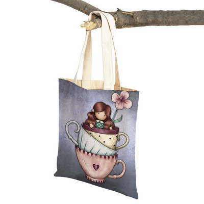 Παιδική τσάντα αγορών κινουμένων σχεδίων για κυρία και στις δύο όψεις Πτυσσόμενη επαναχρησιμοποιήσιμη καμβάς Casual Cute Girl Tote Γυναικεία φορητή τσάντα ταξιδιού