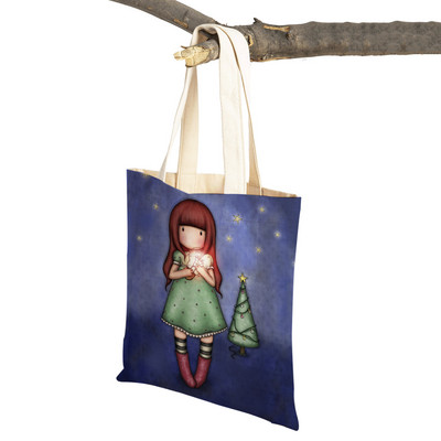 Παιδική τσάντα αγορών κινουμένων σχεδίων για κυρία και στις δύο όψεις Πτυσσόμενη επαναχρησιμοποιήσιμη καμβάς Casual Cute Girl Tote Γυναικεία φορητή τσάντα ταξιδιού