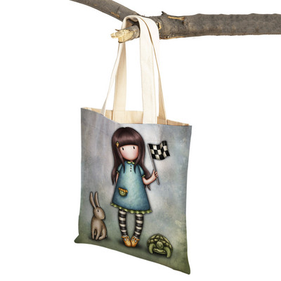 Παιδική τσάντα αγορών κινουμένων σχεδίων για κυρία και στις δύο όψεις Πτυσσόμενη επαναχρησιμοποιήσιμη καμβάς Casual Cute Girl Tote Γυναικεία φορητή τσάντα ταξιδιού