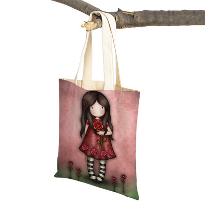 Παιδική τσάντα αγορών κινουμένων σχεδίων για κυρία και στις δύο όψεις Πτυσσόμενη επαναχρησιμοποιήσιμη καμβάς Casual Cute Girl Tote Γυναικεία φορητή τσάντα ταξιδιού
