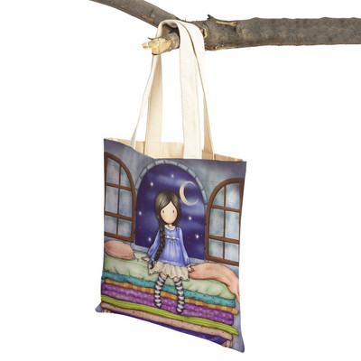 Παιδική τσάντα αγορών κινουμένων σχεδίων για κυρία και στις δύο όψεις Πτυσσόμενη επαναχρησιμοποιήσιμη καμβάς Casual Cute Girl Tote Γυναικεία φορητή τσάντα ταξιδιού