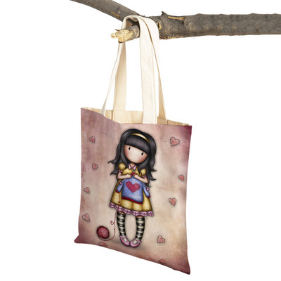 Παιδική τσάντα αγορών κινουμένων σχεδίων για κυρία και στις δύο όψεις Πτυσσόμενη επαναχρησιμοποιήσιμη καμβάς Casual Cute Girl Tote Γυναικεία φορητή τσάντα ταξιδιού