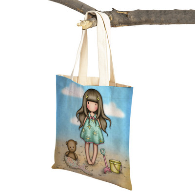 Παιδική τσάντα αγορών κινουμένων σχεδίων για κυρία και στις δύο όψεις Πτυσσόμενη επαναχρησιμοποιήσιμη καμβάς Casual Cute Girl Tote Γυναικεία φορητή τσάντα ταξιδιού