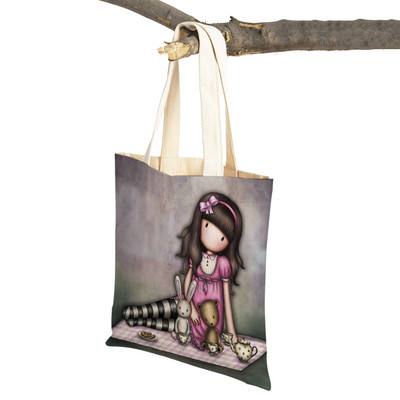 Παιδική τσάντα αγορών κινουμένων σχεδίων για κυρία και στις δύο όψεις Πτυσσόμενη επαναχρησιμοποιήσιμη καμβάς Casual Cute Girl Tote Γυναικεία φορητή τσάντα ταξιδιού