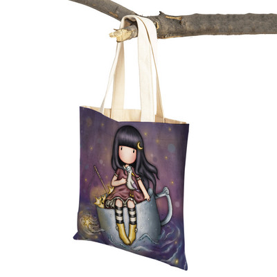 Παιδική τσάντα αγορών κινουμένων σχεδίων για κυρία και στις δύο όψεις Πτυσσόμενη επαναχρησιμοποιήσιμη καμβάς Casual Cute Girl Tote Γυναικεία φορητή τσάντα ταξιδιού