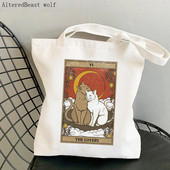 Sieviešu pircēju soma The Lovers cat Tarot Printed Soma Harajuku Iepirkšanās kanvas Shopper Bag meitenes rokassomiņa Tote plecu Lady Bag