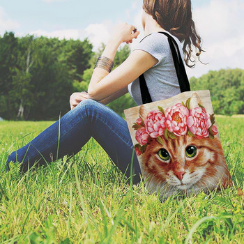 Επαναχρησιμοποιήσιμη Τσάντα αγορών Cat In Flower Printed Tote Bag Γυναικεία Τσάντα ώμου Υφασμάτινη τσάντα εξωτερικού χώρου Τσάντα θαλάσσης καθημερινή τσάντα χειρός