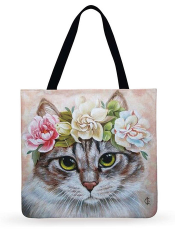 Επαναχρησιμοποιήσιμη Τσάντα αγορών Cat In Flower Printed Tote Bag Γυναικεία Τσάντα ώμου Υφασμάτινη τσάντα εξωτερικού χώρου Τσάντα θαλάσσης καθημερινή τσάντα χειρός