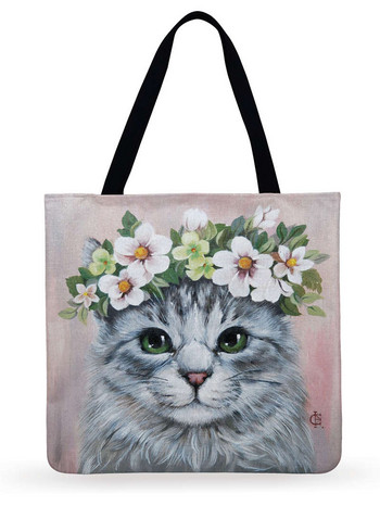 Επαναχρησιμοποιήσιμη Τσάντα αγορών Cat In Flower Printed Tote Bag Γυναικεία Τσάντα ώμου Υφασμάτινη τσάντα εξωτερικού χώρου Τσάντα θαλάσσης καθημερινή τσάντα χειρός