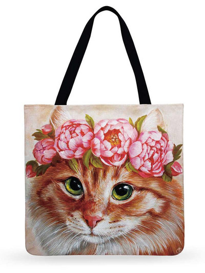 Atkārtoti lietojama iepirkumu soma kaķis ar ziediem, apdrukāta soma Sieviešu plecu soma Lina auduma soma āra pludmales soma ikdienas rokassoma