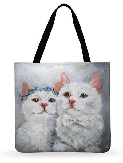 Atkārtoti lietojama iepirkumu soma kaķis ar ziediem, apdrukāta soma Sieviešu plecu soma Lina auduma soma āra pludmales soma ikdienas rokassoma