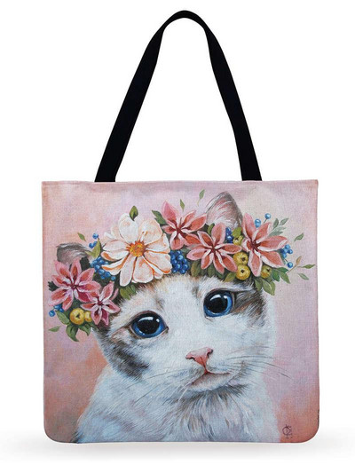 Atkārtoti lietojama iepirkumu soma kaķis ar ziediem, apdrukāta soma Sieviešu plecu soma Lina auduma soma āra pludmales soma ikdienas rokassoma