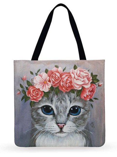 Atkārtoti lietojama iepirkumu soma kaķis ar ziediem, apdrukāta soma Sieviešu plecu soma Lina auduma soma āra pludmales soma ikdienas rokassoma