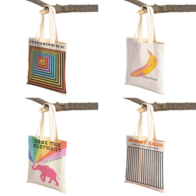 Zenei plakátok különböző zenekarok előadásában Bevásárlótáska Dupla nyomtatás Alkalmi skandináv vásárlói táskák Női vászon tote Női kézitáska
