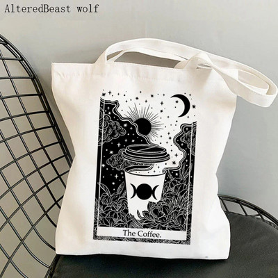 Geantă de umăr pentru femei, soarele și luna magic, cartea de tarot de cafea, geantă de pânză vrăjitoare, geantă de cumpărături Harajuku, geantă de mână pentru femeie.
