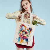 Mielas animacinis filmas Pet Dog Ekologinis pirkinių krepšys Moteriškas drobinis nešiojamas rankinė Daugkartinio naudojimo akvareliniai gyvūnai, moteriški pirkėjo pečių krepšiai