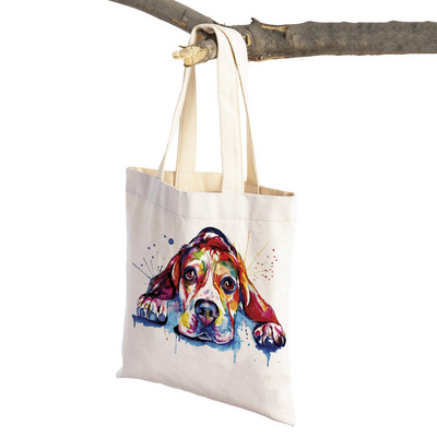 Mielas animacinis filmas Pet Dog Ekologinis pirkinių krepšys Moteriškas drobinis nešiojamas rankinė Daugkartinio naudojimo akvareliniai gyvūnai, moteriški pirkėjo pečių krepšiai