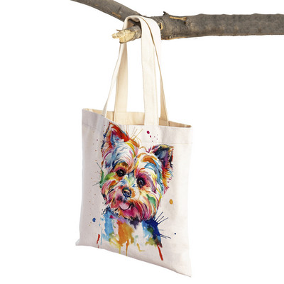 Mielas animacinis filmas Pet Dog Ekologinis pirkinių krepšys Moteriškas drobinis nešiojamas rankinė Daugkartinio naudojimo akvareliniai gyvūnai, moteriški pirkėjo pečių krepšiai
