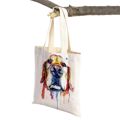 Mielas animacinis filmas Pet Dog Ekologinis pirkinių krepšys Moteriškas drobinis nešiojamas rankinė Daugkartinio naudojimo akvareliniai gyvūnai, moteriški pirkėjo pečių krepšiai