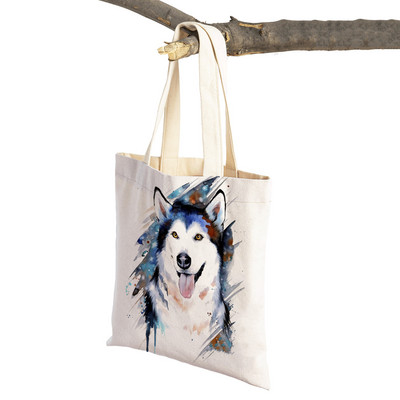 Mielas animacinis filmas Pet Dog Ekologinis pirkinių krepšys Moteriškas drobinis nešiojamas rankinė Daugkartinio naudojimo akvareliniai gyvūnai, moteriški pirkėjo pečių krepšiai