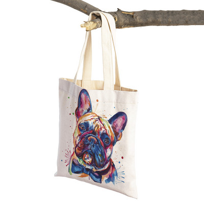 Mielas animacinis filmas Pet Dog Ekologinis pirkinių krepšys Moteriškas drobinis nešiojamas rankinė Daugkartinio naudojimo akvareliniai gyvūnai, moteriški pirkėjo pečių krepšiai