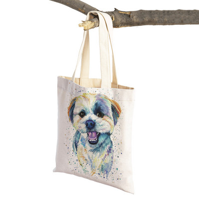 Mielas animacinis filmas Pet Dog Ekologinis pirkinių krepšys Moteriškas drobinis nešiojamas rankinė Daugkartinio naudojimo akvareliniai gyvūnai, moteriški pirkėjo pečių krepšiai