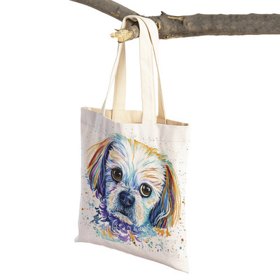 Mielas animacinis filmas Pet Dog Ekologinis pirkinių krepšys Moteriškas drobinis nešiojamas rankinė Daugkartinio naudojimo akvareliniai gyvūnai, moteriški pirkėjo pečių krepšiai