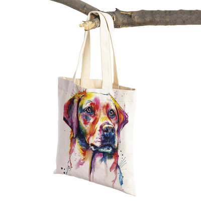 Mielas animacinis filmas Pet Dog Ekologinis pirkinių krepšys Moteriškas drobinis nešiojamas rankinė Daugkartinio naudojimo akvareliniai gyvūnai, moteriški pirkėjo pečių krepšiai