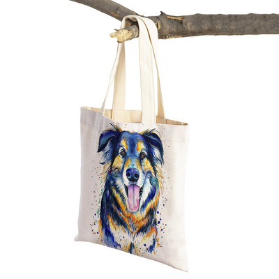 Mielas animacinis filmas Pet Dog Ekologinis pirkinių krepšys Moteriškas drobinis nešiojamas rankinė Daugkartinio naudojimo akvareliniai gyvūnai, moteriški pirkėjo pečių krepšiai