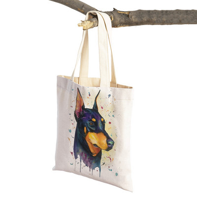 Mielas animacinis filmas Pet Dog Ekologinis pirkinių krepšys Moteriškas drobinis nešiojamas rankinė Daugkartinio naudojimo akvareliniai gyvūnai, moteriški pirkėjo pečių krepšiai